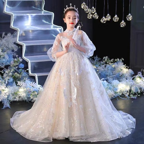 6-9 Girls white lace evening dress-155 - Image 4