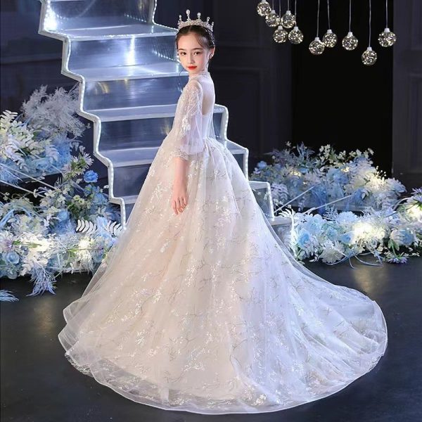 6-9 Girls white lace evening dress-155 - Image 3