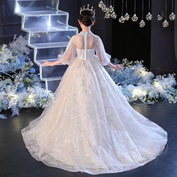 6-9 Girls white lace evening dress-155 - Image 2