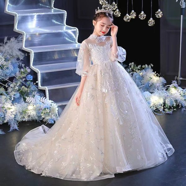 6-9 Girls white lace evening dress-155