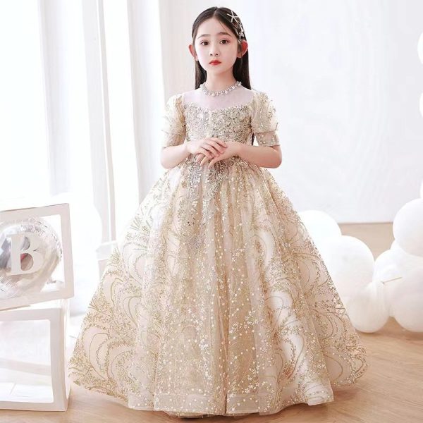 6-9 Girls' beige lace evening dress-156